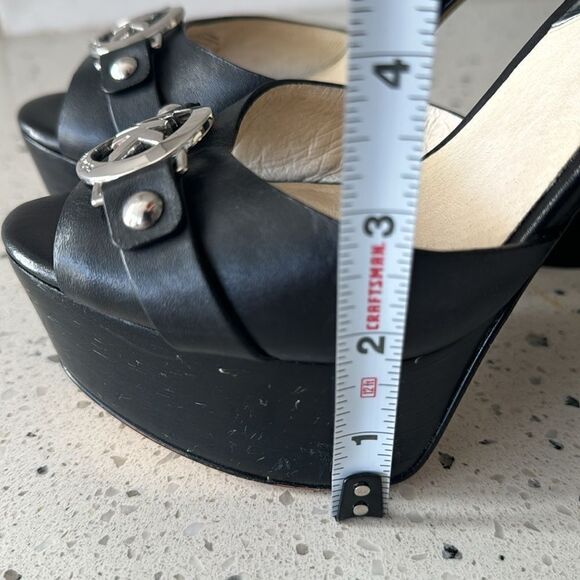 Michael Kors Racquel Platform Black Leather high Block Heels Open Toe Size 6.5M - Picture 6 of 16